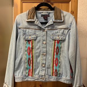 Light Wash Denim Jacket with Southwestern Trim - Unknown Brand